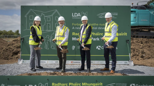 REPRO FREE
02/07/2026
The Land Development Agency (LDA) and Limerick City and County Council (LCCC) have turned the sod on a greenfield site on the grounds of the former Mungret College.

Pictured at the start of construction of 183 affordable and social homes in Mungret, Co Limerick are: Kate Omelia, Assistant Development Manager, Land Development Agency, John Moran, Mayor of Limerick, James Browne TD, Minister for Housing, Local Government and Heritage and John Coleman, Chief Executive of the Land Development Agency
Pic: Don Moloney